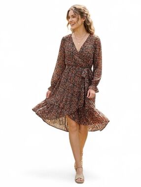 Boho Praire Floral Faux-Wrap Mini Dress with Ruffle Hem & Belt -  Feminine S